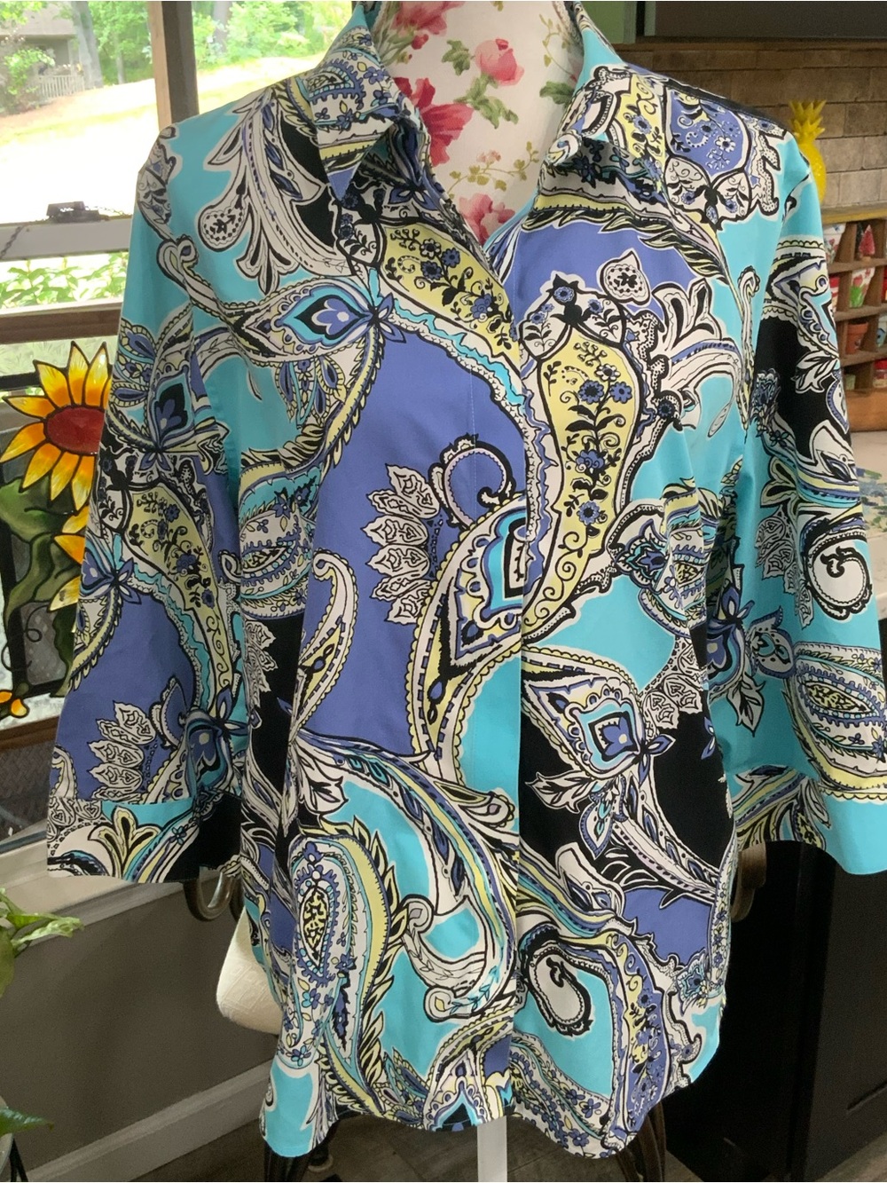 Chico’s No Iron Blouse Size 18 Blue Paisley Print 3/4 Sleeve Button Front Cotton